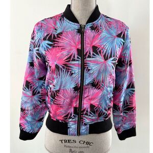 Total Girl Neon Vaporwave Pink Blue Tropical Bomber Jacket Girls size L 14